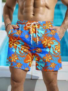Manfinity Swimmode Men's Floral Print Pocket Drawstring Waist Beach Shorts, Suitable For Summer, Hawaiian - Multicolor - View 1