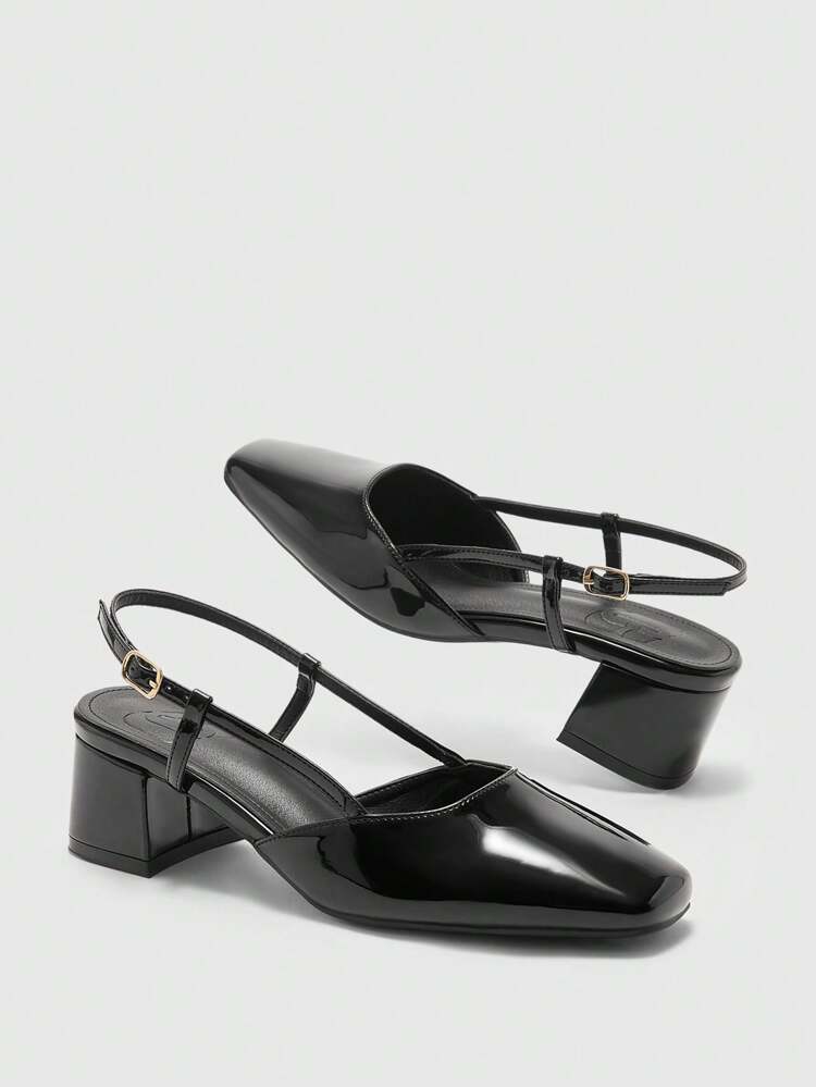 CUCCOO BIZCHIC Classic Black Backless Chunky Heel Square Toe Slingback Pumps, Versatile For Daily Commute And Work For Christmas