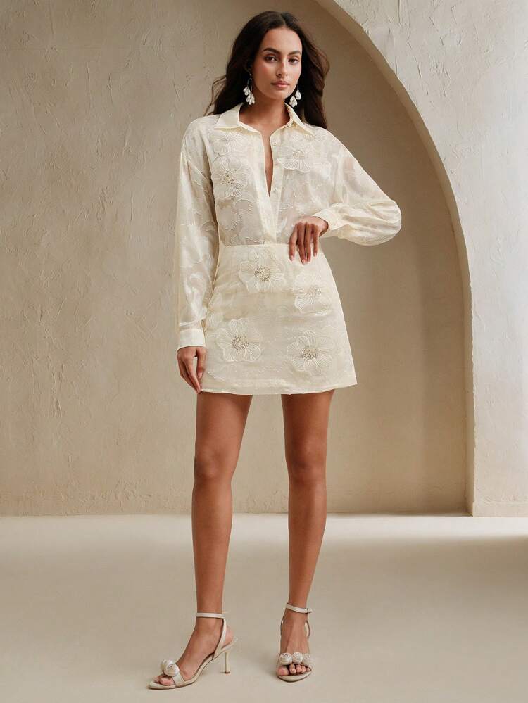 2pcs Set: Long Sleeve Elegant Blouse & Handmade 3D Flower Embellished Mini Skirt, Apricot