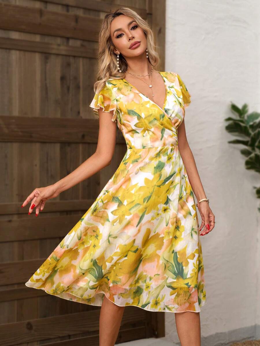 SHEIN Clasi 女士浪漫优雅V领雪纺花卉印花连衣裙