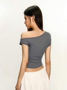 INAWLY Elegantes & sexy Crop Top mit asymmetrischem Ausschnitt und kontrastierender Spitze, Grau, Sommer - Grau - Übersicht 5