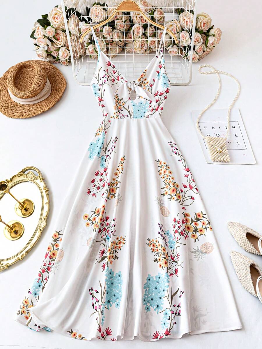 Breezaya Váy chữ A buộc eo họa tiết hoa cho nữ có dây đeo nơ, thanh lịch cho ngày lễ và mặc hàng ngày - Nhiều màu - Xem 1