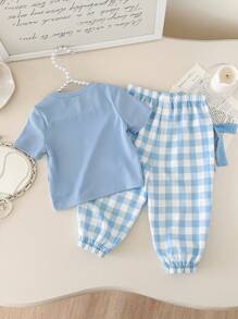 SHEIN Babygirl 蓝色格子裤和短袖针织上衣套装，夏季 - 藍色 - 查看 2