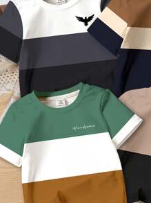 SHEIN Set de 4 camisetas de manga corta con cuello redondo y estampado de bloques de color clásico para bebé niño, apropiado para verano, para hermanos, exterior, campus