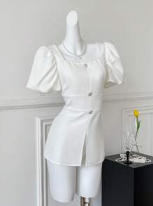 SHEIN Clasi 女士休闲优雅短袖衬衫，适合通勤，春夏秋 - 白色 - 查看 3