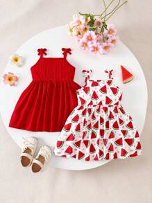 女婴夏季新款两件套连衣裙：红色蝴蝶结荷叶边纯色连衣裙+白色西瓜印花连衣裙，高腰泡泡袖连衣裙甜美公主裙休闲外出派对连衣裙，1-3岁可爱水果图案荷叶边设计，清新夏日度假写真拍摄装 - 紅色 - 查看 2
