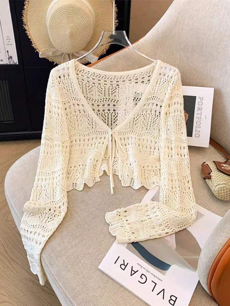 Franclia Áo len cardigan ren nhẹ đan móc rỗng màu trơn mới cho nữ, áo choàng đa năng