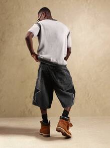 SUMWON Star Rhinestone Denim Jorts Loose Fit Wide Leg Knee Length Festival Street Style Fashion Urban Statement Pants - Black - View 6