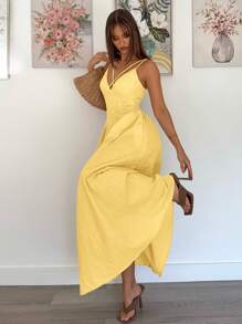 Siren Gaze 女式纯色交叉设计荷叶边优雅连衣裙 - 黃色 - 查看 4
