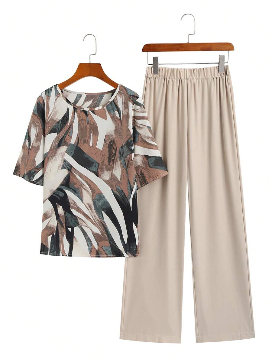 SHEIN LUNE 2pcs Women's Round Neck Short Sleeve Colorblock All Over Print Casual Top And Wide Leg Pants Set, Summer - Multicolor - View 1