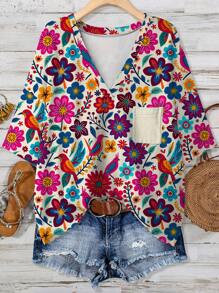 EMERY ROSE Áo thun tay ngắn cổ chữ V họa tiết hoa đơn giản, giản dị, cổ điển, dành cho người ngoại cỡ, mùa hè - Nhiều màu - Xem 1