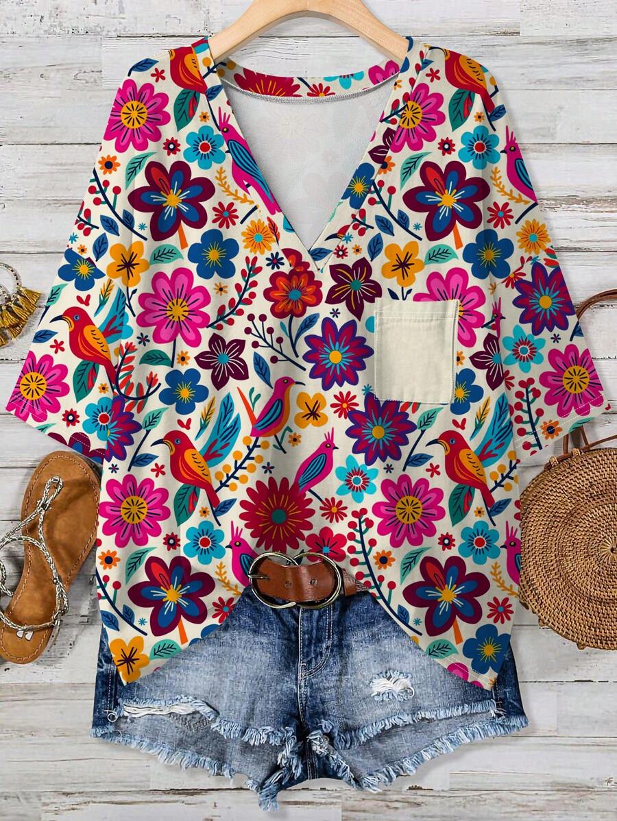 EMERY ROSE Áo thun tay ngắn cổ chữ V họa tiết hoa đơn giản, giản dị, cổ điển, dành cho người ngoại cỡ, mùa hè - Nhiều màu - Xem 1