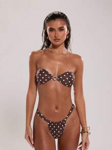 SHEIN BAE Women's Gold Shell Decor Sexy Elegant Retro Halter Mini Swimsuit Top, Summer Holiday Party, Tube Top - Coffee Brown - View 3