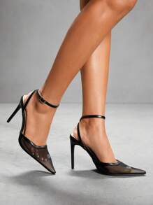 CUCCOO SZL Giày cao gót nữ 10,8cm kết hợp da PU và lưới màu đen, thanh lịch và thời trang - màu đen - Xem 5