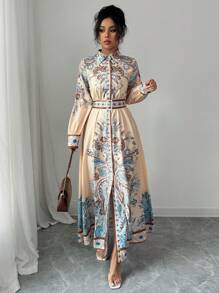 Breezaya 女式复古花卉印花长衬衫裙，优雅长款女装 - 杏色 - 查看 3