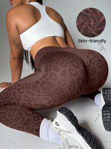 Easithlete 大码女式豹纹高腰紧身瑜伽紧身裤 - 咖啡棕 - 查看 2