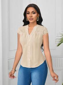 SHEIN Unity Blusa elegante de manga corta con patchwork de encaje y patrón de ola para mujeres - Albaricoque - Ver 3