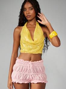 MISSGUIDED 褶皱短裤节日沙滩装纹理针织夏季荷叶边海滩度假家居服热裤罩衫 - 粉色 - 查看 5
