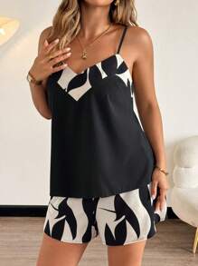 Flirla 2pcs Plus Size Women Botanical Print Camisole And Shorts Set - Multicolor - View 3