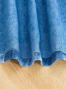 SHEIN 1 件女婴翻领纽扣无袖牛仔印花卡通动物图案可爱时尚休闲复古宽松连衣裙，浅蓝色夏季新款 - 藍色 - 查看 4