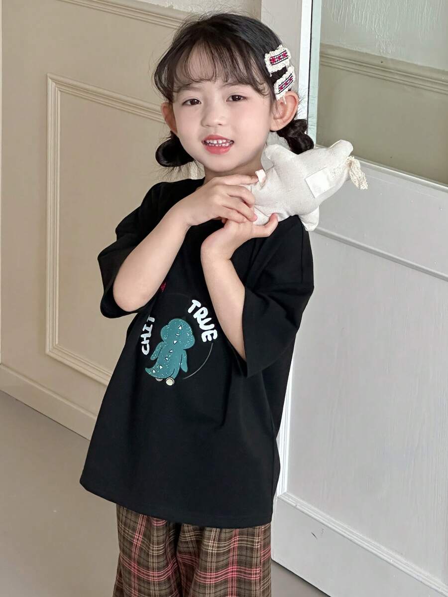 Dazy Kids 女童圆领针织印花短袖T恤+格子长裤休闲家居服套装，春夏款 - 黑色 - 查看 1