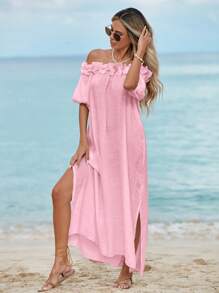 Swim Vcay Women's Ruffled Off Shoulder Midi Beach Dress, Sexy Beachwear, Lantern Sleeve Wedding Guest Slit Flowy Dress For Summer Beach Vacation