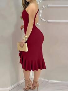 INAWLY 女式优雅修身不对称领口荷叶边下摆开衩中长连衣裙 - 酒紅色 - 查看 2