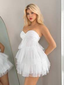 Sweetina Váy mini xếp nếp hở lưng lưới trắng quấn phía trước cho nữ, váy nghỉ dưỡng dễ thương giản dị - trắng - Xem 1