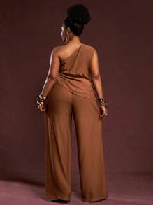 Veslaya 2025新款夏季休闲优雅度假日常约会通勤生日派对沙滩度假单肩斜下摆金属装饰上衣+阔腿裤超长裤棕色梭织面料女加大两件套-B