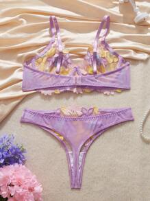 FloralLove 2 piezas Conjunto de ropa interior sexy para mujer con encaje y contraste de color, incluye sujetador con aros y pantie, delgado y fresco