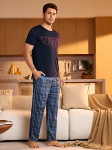 Manfinity Underwear&Sleepwear Basics 男士字母印花圆领短袖上衣和格子裤睡衣套装 - 藏蓝色 - 查看 4