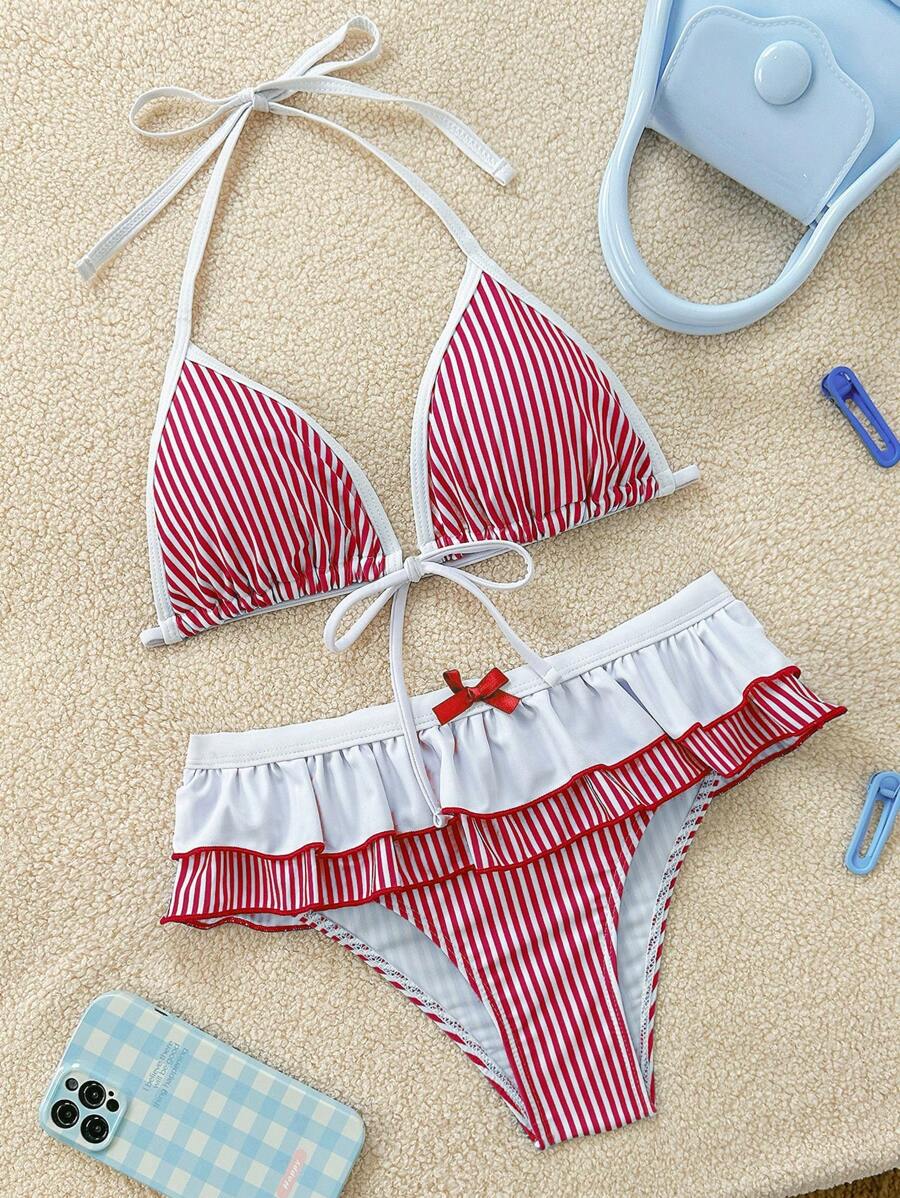 Soleia Bộ 2 món/Bộ đồ bơi bikini hai lớp in họa tiết sọc xanh trắng thắt nơ trang trí cho nữ - Đỏ - Xem 1