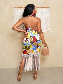 BamGleam Women's Colorful Printed Tassel Decor Dress