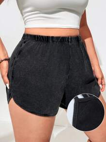 SHEIN EZwear Plus Size Lightweight Drawstring Waist Sports Shorts For Summer - Black - View 1
