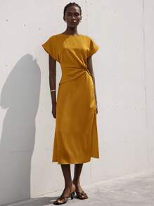 Aveloria New Elegant Commute Women's Solid Color Embossed Satin Round Neck Cap Sleeve Waistband Twist Tie Slim Waist Long Dress