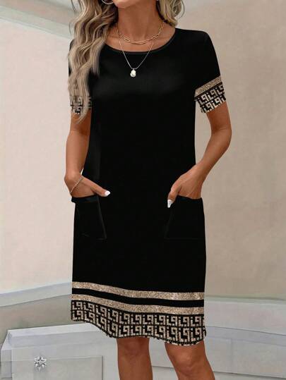 EMERY ROSE 休闲质感复古图案圆领短袖女式格子迷你连衣裙，适合夏季穿着，时尚休闲。