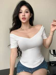 DAZY Áo thun nữ hở vai cổ chữ V màu trơn tay ngắn, quần áo trở lại trường học cho nữ, quần áo thu cho nữ áo dài tay - trắng - Xem 7