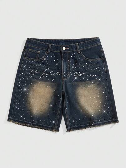 Street Life Pantalones cortos de mezclilla con decoración de botones de strass para hombre, estilo casual y urbano