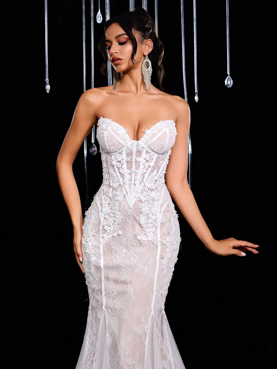 Glamrae 优雅奢华弹力蕾丝贴花鱼骨缝线鱼尾薄纱泡泡裙，适合婚礼、派对、单身派对、度假、舞会、宴会、蜜月、新娘礼服 - 米色 - 查看 1