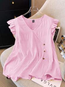Plus Size Women Elegant Romantic Solid Color V-Neck Faux Button Shirt - Baby Pink - View 1
