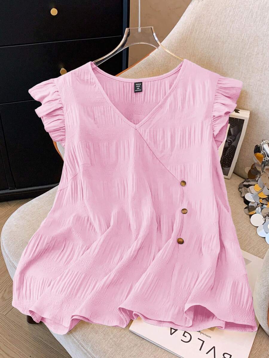 Plus Size Women Elegant Romantic Solid Color V-Neck Faux Button Shirt - Baby Pink - View 1