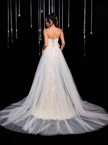 Glamrae Elegant Luxury Lace Splice Mesh Mermaid Tail Bridal Gown Flounce Long Train Wedding Dress Suitable For Wedding, Party, Prom - Beige - View 3