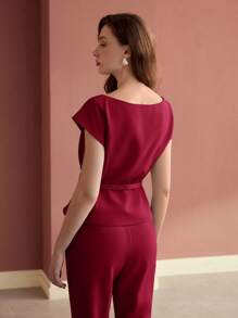 MOTF PREMIUM BATWING SLEEVE DOUBLE BREASTED PLACKET BUCKLE BELTED BLOUSE - Red - View 3