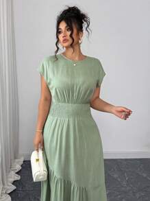 Elenzga Damen einfarbiges, elegantes, minimalistisches, hochwertiges, bequemes Büro-Maxikleid mit gefalteter Taille, Frühling/Sommer