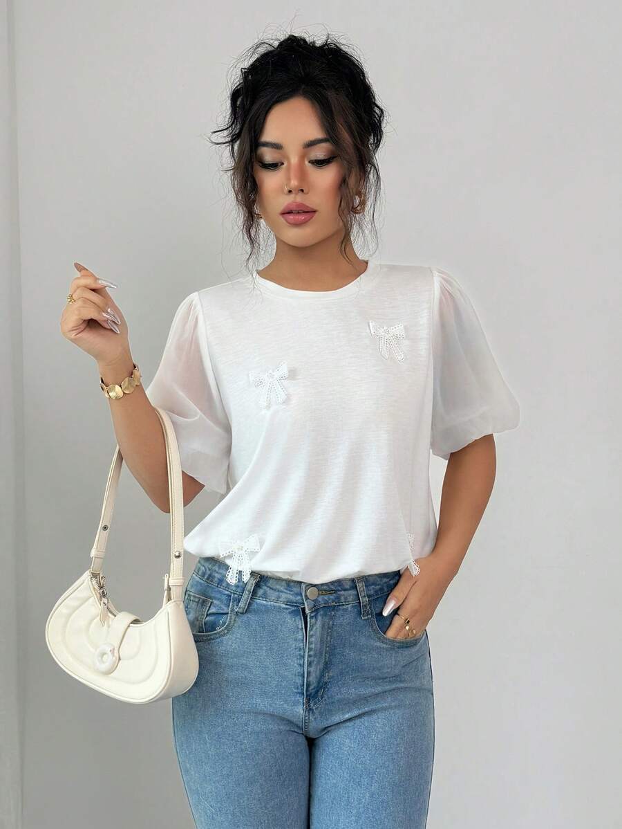 Elenzga Women's Solid Color Round Neck Short Sleeve T-Shirt With Bow Decoration, Summer - White - View 1