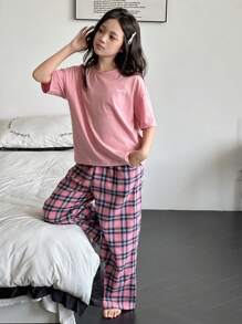 Dazy Kids 女童字母图案T恤和格子睡裤套装 - 粉色 - 查看 6