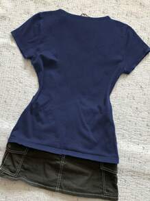 Glimmora Áo thun bó eo màu trơn thường ngày cho nữ, mùa hè - Màu xanh hải quân - Xem 2