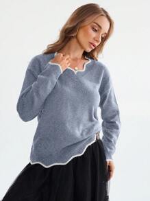 SHEIN LUNE 1 件女式撞色饰边长袖休闲上衣，带褶边，适合日常穿着 - 彩色 - 查看 2