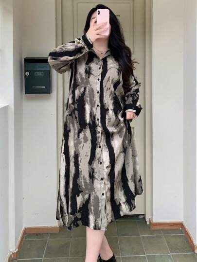 Dazy Plus Plus Size Turndown Collar Ink-Dyed Loose Long Sleeve Maxi Shirtdress,Fall Dress