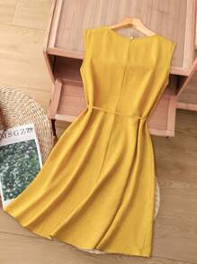 Rusticease Women Summer Solid Color Round Neck Sleeveless Casual Midi Dress Butter Yellow Bandage Dress Vacay Outfits Women